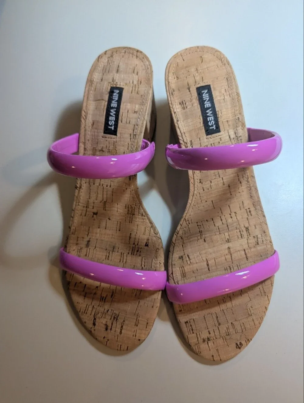 Nine West Pink Patent Double-Strap Cork Slide Sandals NWT